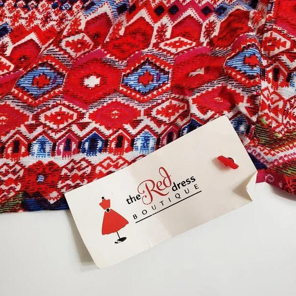 UMGEE Women Mini Dress L Red Tribal Boho 3/4 Sleeve Tassels Cotton Blend… - Picture 7 of 11